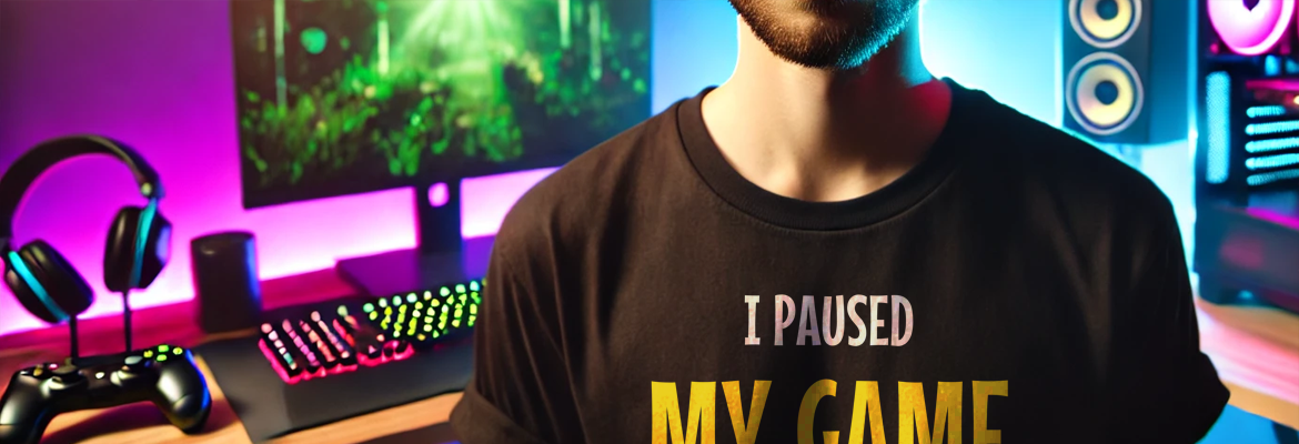 Man in a computer room with a funny geek T-shirts saying I paused my game for this