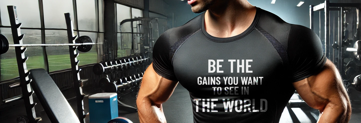 Fitness dude in a gym wearing a gym motivation T-shirt with text be the gains you want to see in the world